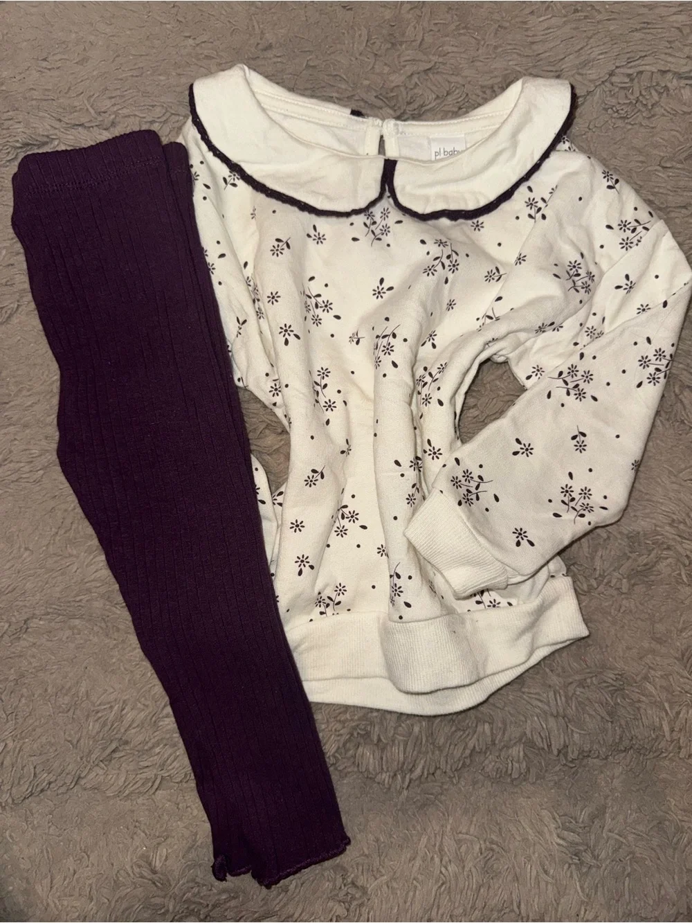 pl-baby Girls Cream Floral Peter Pan Collar Top & Purple Knit Leggings Set